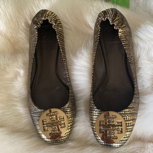 Tory Burch Gold/Bronze Reva Metallic Lizard Reva Ballet Flat- Metal Logo. Size 9
